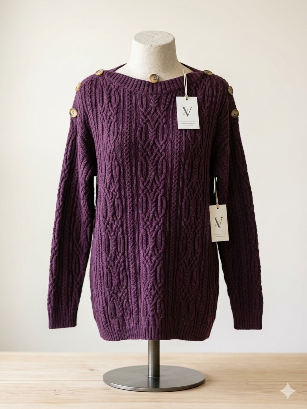 JEANNE PIERRE Plum Cable-Knit Crewneck Sweater with Shoulder Buttons